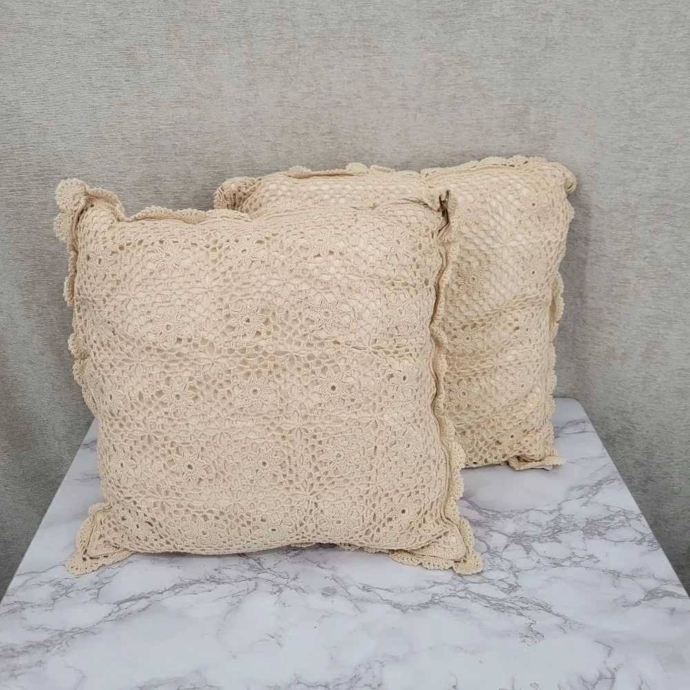 Vintage Cream Hand Crochet Lace Cotton Pillows Set of 2